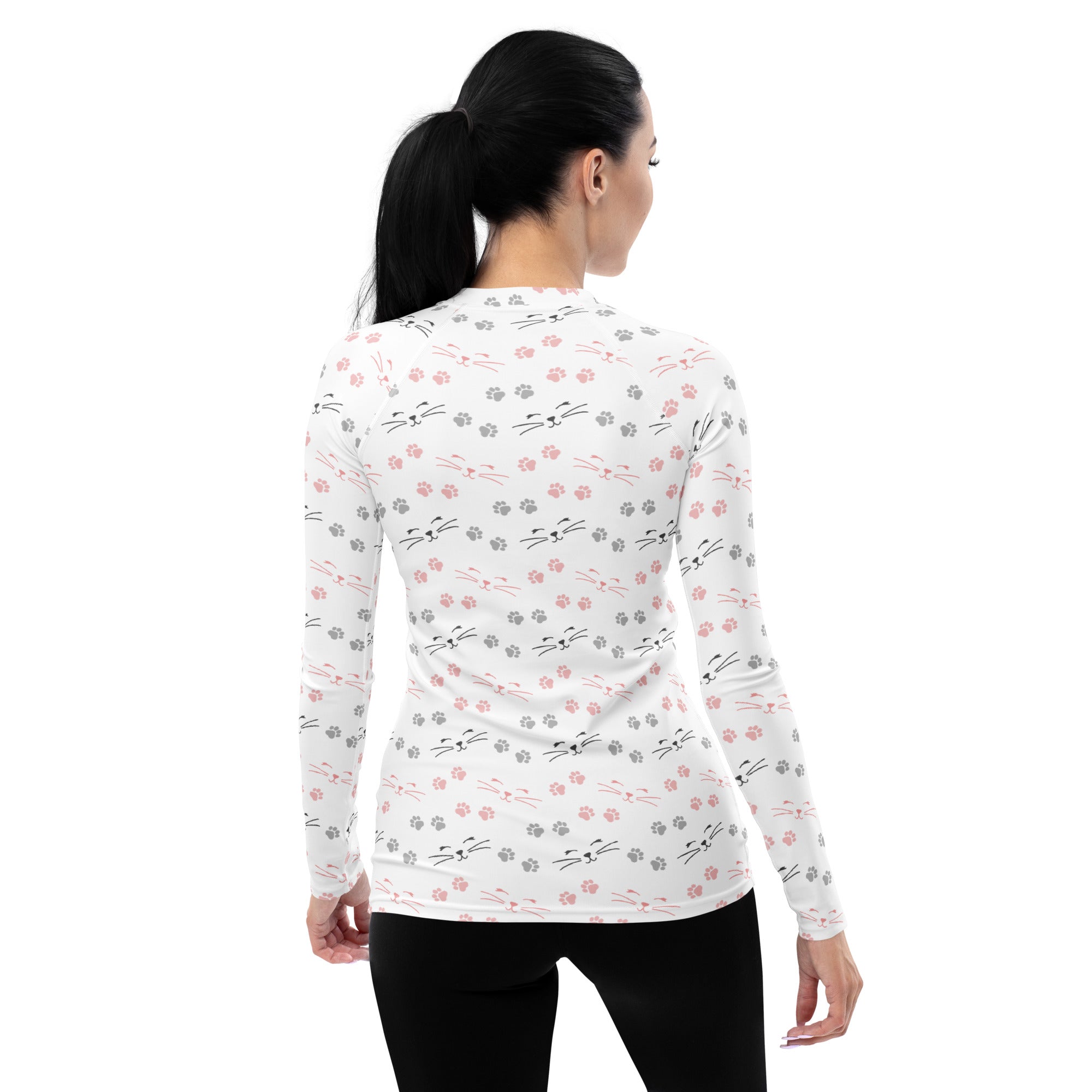 Women's Cat Face and Paw Print Long Sleeve Rash Guard Swim Shirt – Buttery Soft, Sun Safe UPF 50+ Protection, Quick Dry & 4-Way Stretch Comfort