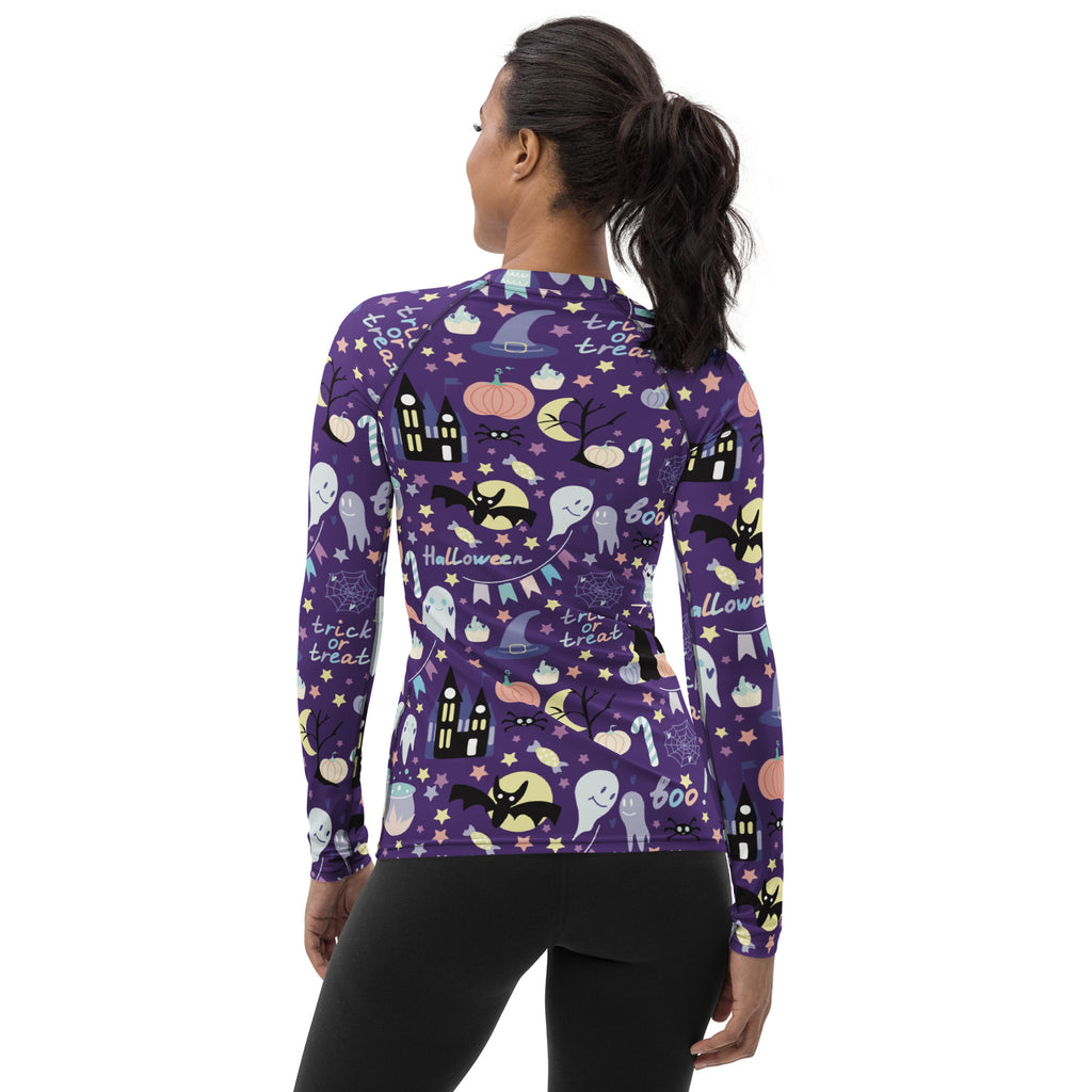 Women's Spooky Halloween Long Sleeve Rash Guard Swim Shirt – Buttery Soft, Sun Safe UPF 50+ Protection, Quick Dry & 4-Way Stretch Comfort