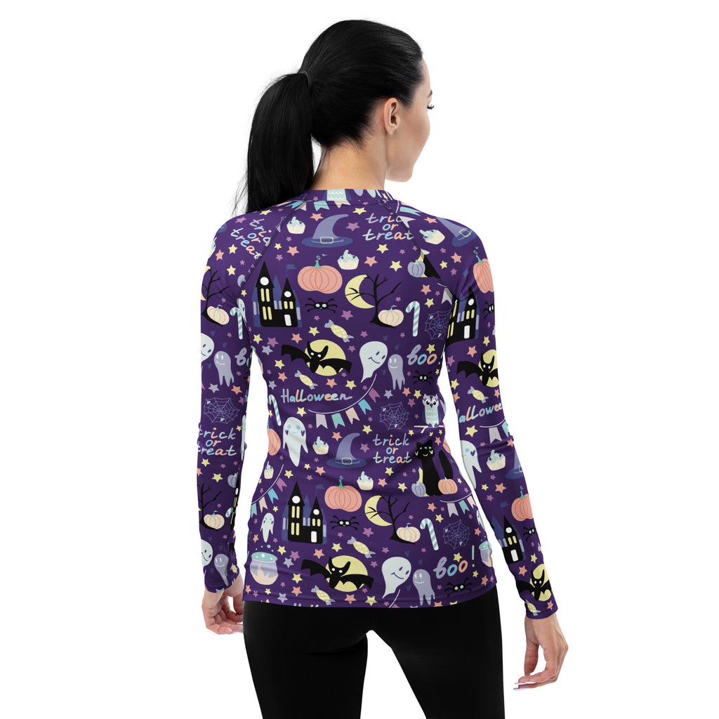 Women's Spooky Halloween Long Sleeve Rash Guard Swim Shirt – Buttery Soft, Sun Safe UPF 50+ Protection, Quick Dry & 4-Way Stretch Comfort