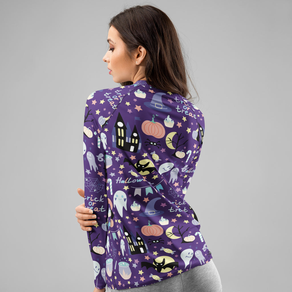 Women's Spooky Halloween Long Sleeve Rash Guard Swim Shirt – Buttery Soft, Sun Safe UPF 50+ Protection, Quick Dry & 4-Way Stretch Comfort