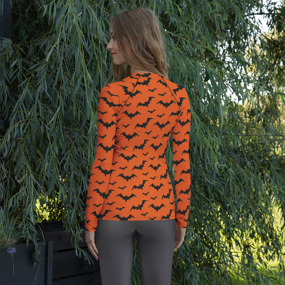Women's Orange Bat Halloween Long Sleeve Rash Guard Swim Shirt – Buttery Soft, Sun Safe UPF 50+ Protection, Quick Dry & 4-Way Stretch Comfort