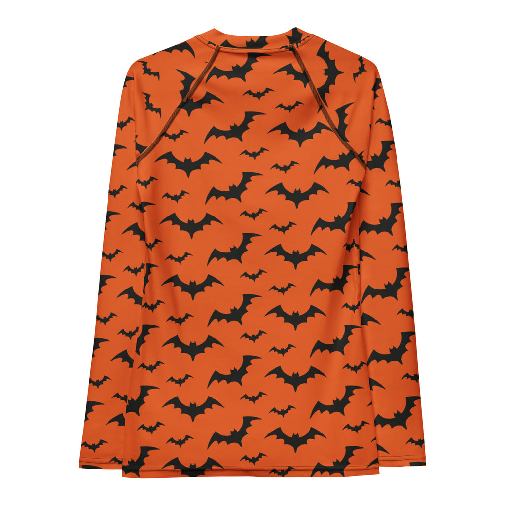 Women's Orange Bat Halloween Long Sleeve Rash Guard Swim Shirt – Buttery Soft, Sun Safe UPF 50+ Protection, Quick Dry & 4-Way Stretch Comfort