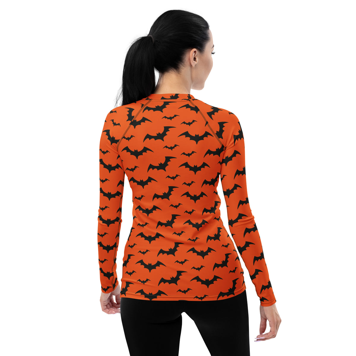 Women's Orange Bat Halloween Long Sleeve Rash Guard Swim Shirt – Buttery Soft, Sun Safe UPF 50+ Protection, Quick Dry & 4-Way Stretch Comfort