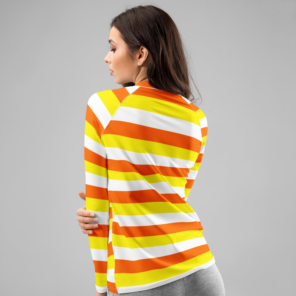 Women's Candy Corn Stripe Long Sleeve Rash Guard Swim Shirt – Buttery Soft, Sun Safe UPF 50+ Protection, Quick Dry & 4-Way Stretch Comfort