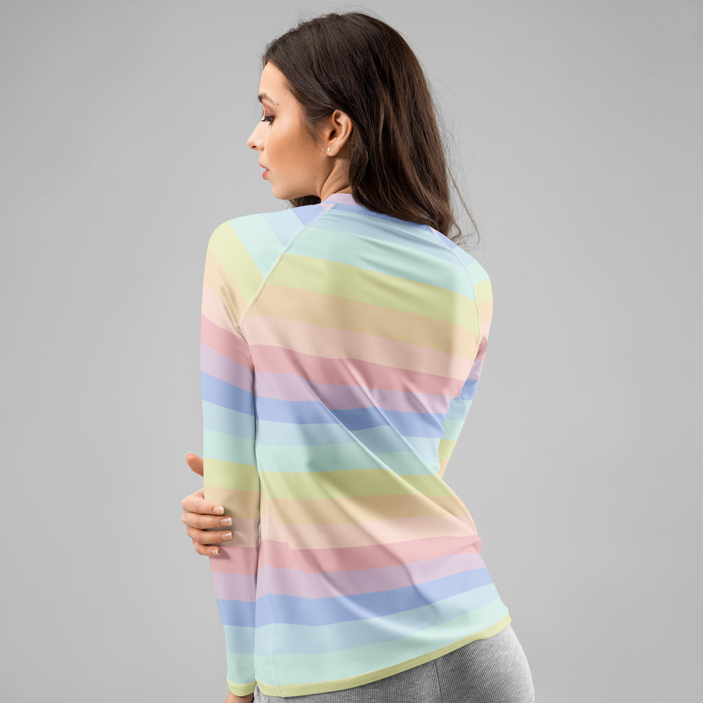 Women's Pastel Rainbow Stripe Long Sleeve Rash Guard Swim Shirt – Buttery Soft, Sun Safe UPF 50+ Protection, Quick Dry & 4-Way Stretch Comfort