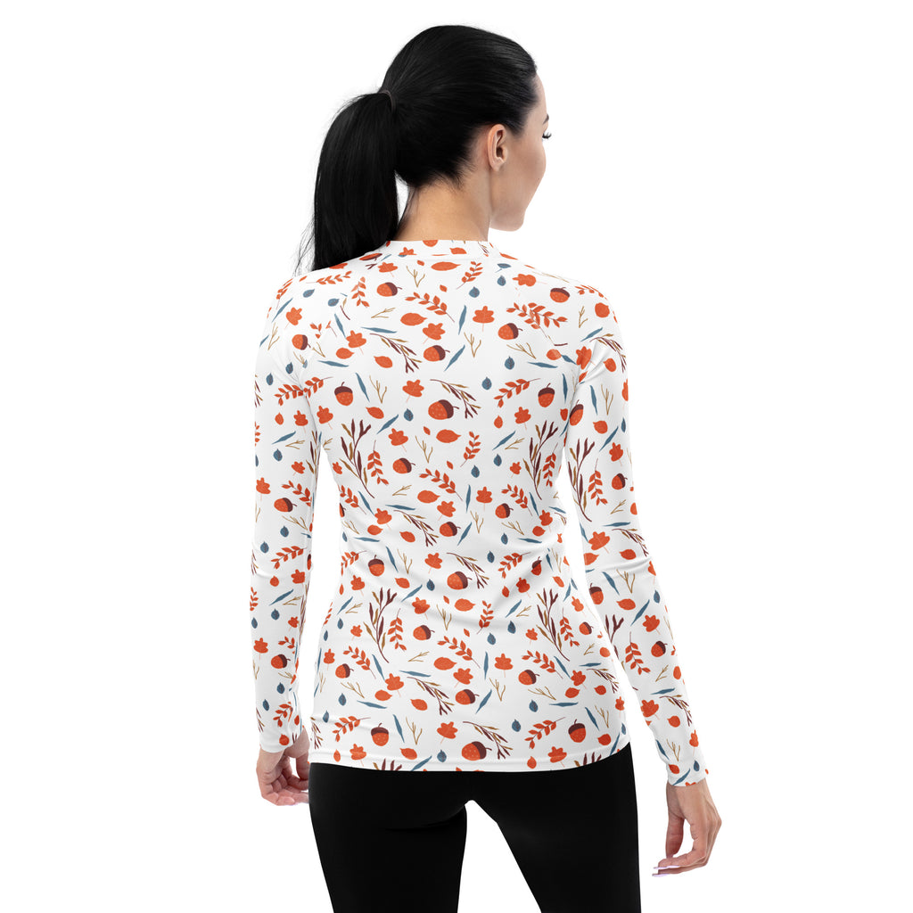 Women's Autumn Acorn and Leaves Long Sleeve Rash Guard Swim Shirt – Buttery Soft, Sun Safe UPF 50+ Protection, Quick Dry & 4-Way Stretch Comfort