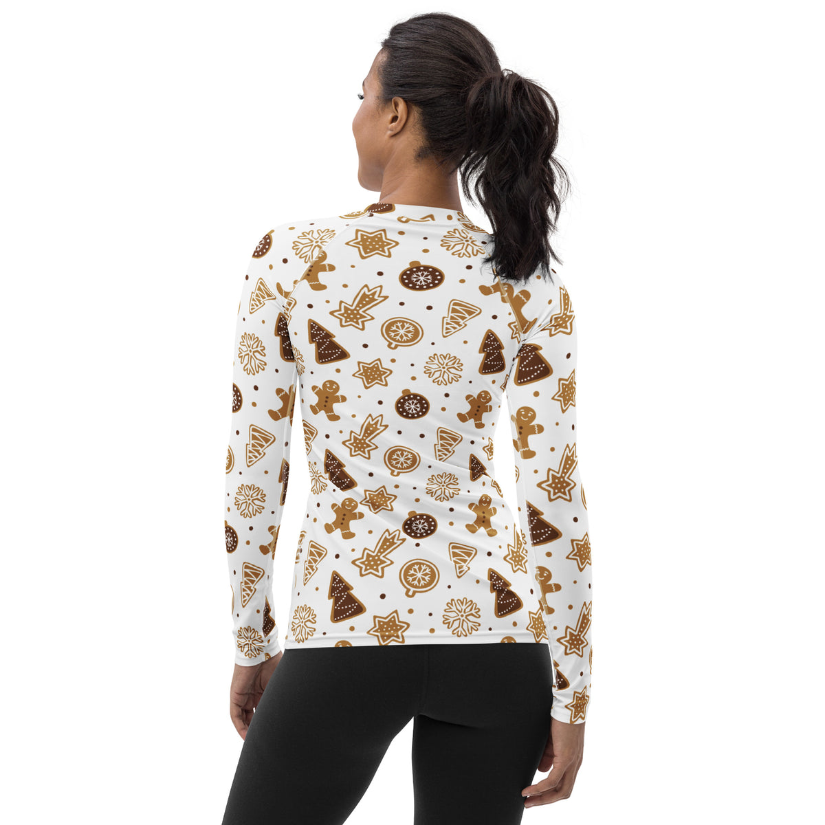 Women's Gingerbread Cookies Christmas Long Sleeve Rash Guard Swim Shirt – Buttery Soft, Sun Safe UPF 50+ Protection, Quick Dry & 4-Way Stretch Comfort