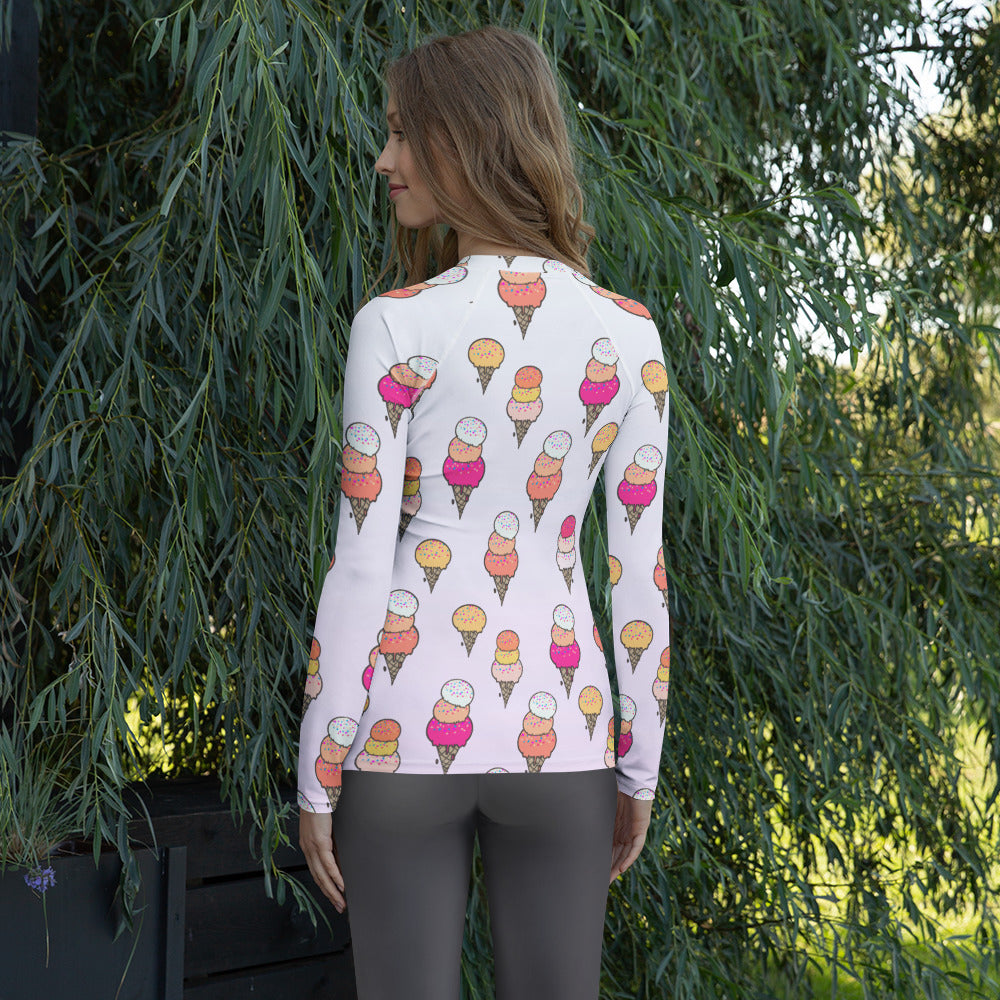 Women's Ice Cream Cone Long Sleeve Rash Guard Swim Shirt – Buttery Soft, Sun Safe UPF 50+ Protection, Quick Dry & 4-Way Stretch Comfort