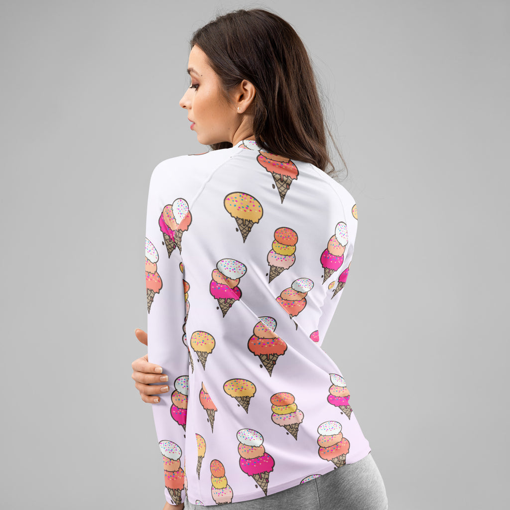 Women's Ice Cream Cone Long Sleeve Rash Guard Swim Shirt – Buttery Soft, Sun Safe UPF 50+ Protection, Quick Dry & 4-Way Stretch Comfort