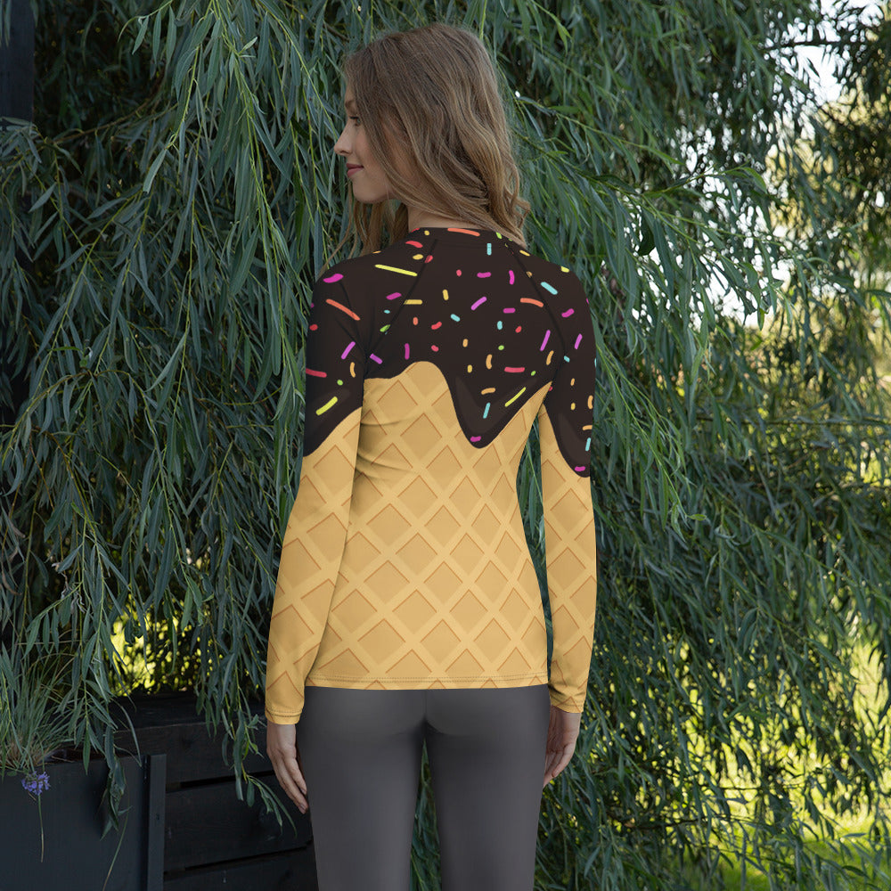 Women's Chocolate Ice Cream Cone Long Sleeve Rash Guard Swim Shirt – Buttery Soft, Sun Safe UPF 50+ Protection, Quick Dry & 4-Way Stretch Comfort