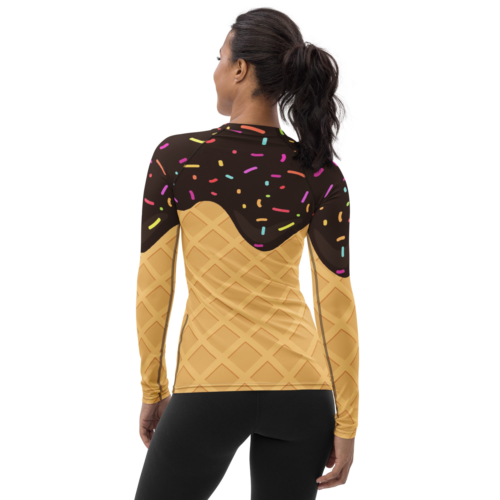 Women's Chocolate Ice Cream Cone Long Sleeve Rash Guard Swim Shirt – Buttery Soft, Sun Safe UPF 50+ Protection, Quick Dry & 4-Way Stretch Comfort