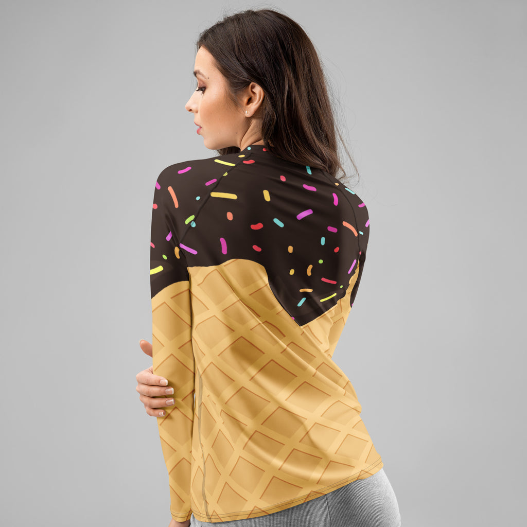 Women's Chocolate Ice Cream Cone Long Sleeve Rash Guard Swim Shirt – Buttery Soft, Sun Safe UPF 50+ Protection, Quick Dry & 4-Way Stretch Comfort