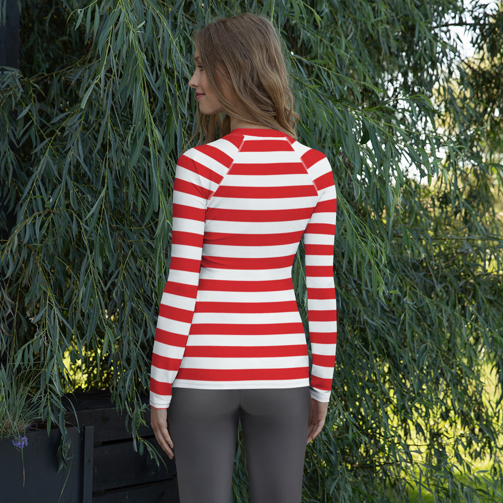 Women's Red & White Striped Long Sleeve Rash Guard Swim Shirt – Buttery Soft, Sun Safe UPF 50+ Protection, Quick Dry & 4-Way Stretch Comfort