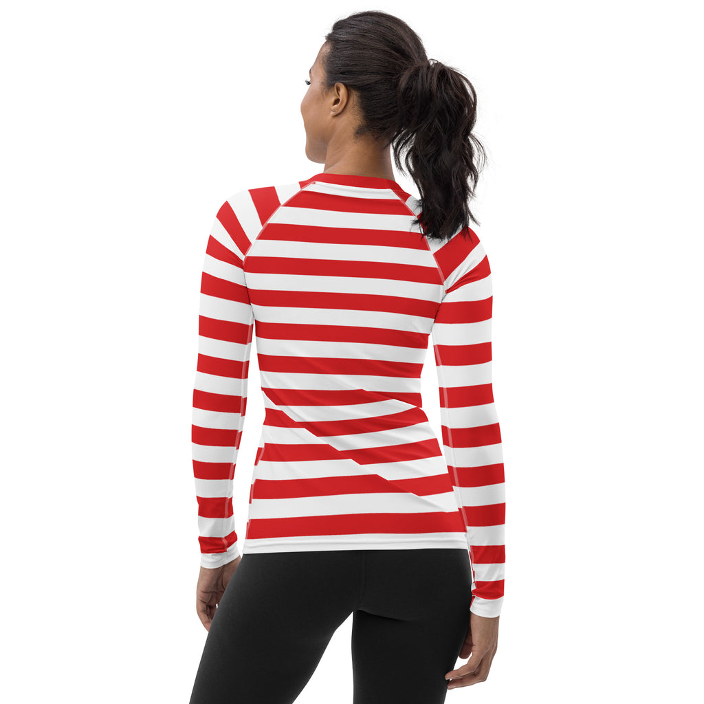 Women's Red & White Striped Long Sleeve Rash Guard Swim Shirt – Buttery Soft, Sun Safe UPF 50+ Protection, Quick Dry & 4-Way Stretch Comfort