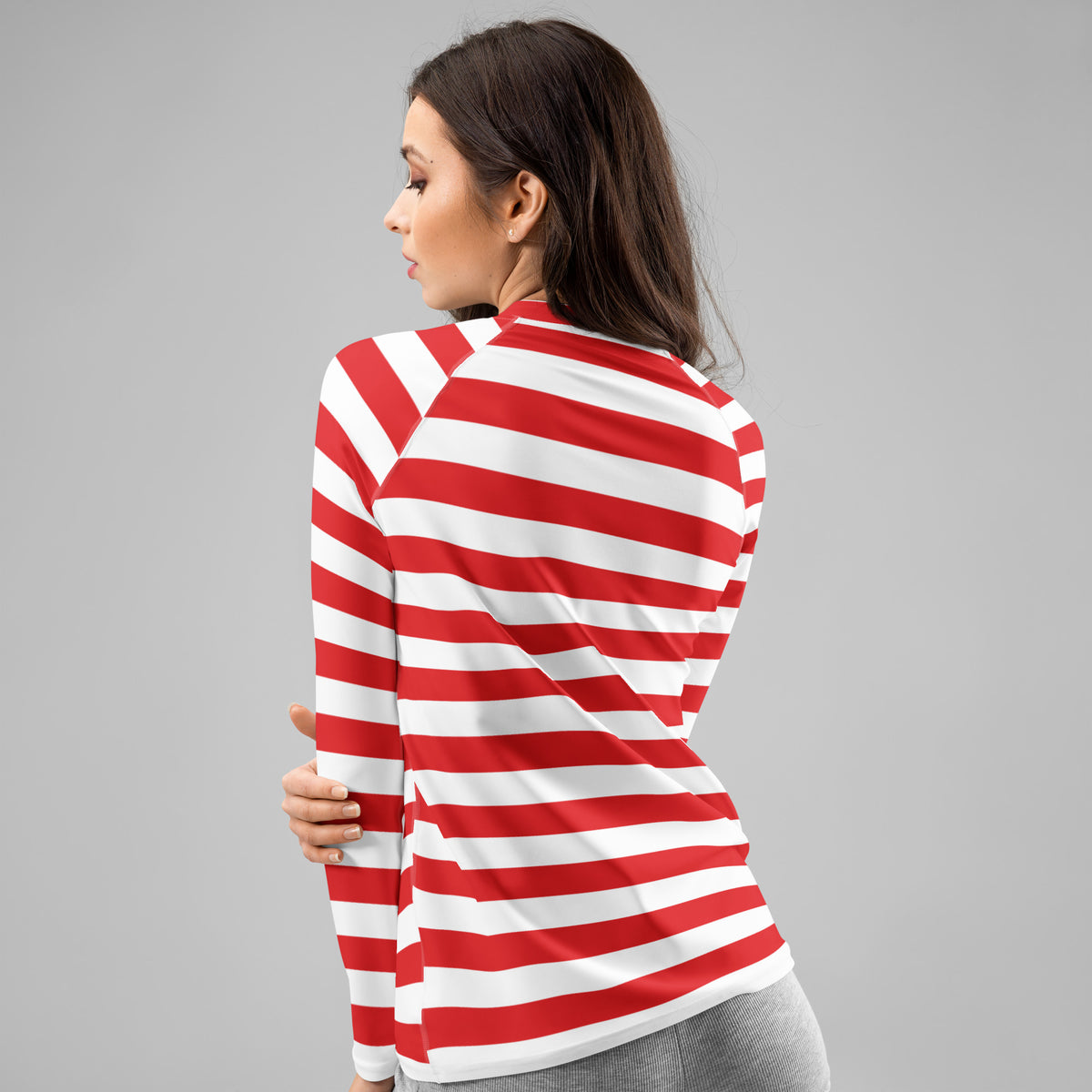 Women's Red & White Striped Long Sleeve Rash Guard Swim Shirt – Buttery Soft, Sun Safe UPF 50+ Protection, Quick Dry & 4-Way Stretch Comfort