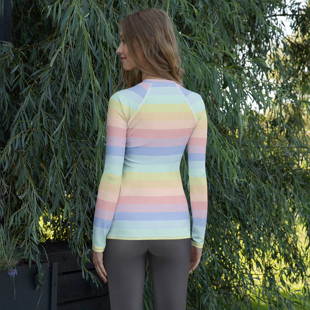 Women's Pastel Rainbow Stripe Long Sleeve Rash Guard Swim Shirt – Buttery Soft, Sun Safe UPF 50+ Protection, Quick Dry & 4-Way Stretch Comfort