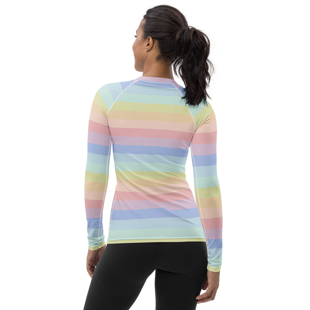 Women's Pastel Rainbow Stripe Long Sleeve Rash Guard Swim Shirt – Buttery Soft, Sun Safe UPF 50+ Protection, Quick Dry & 4-Way Stretch Comfort