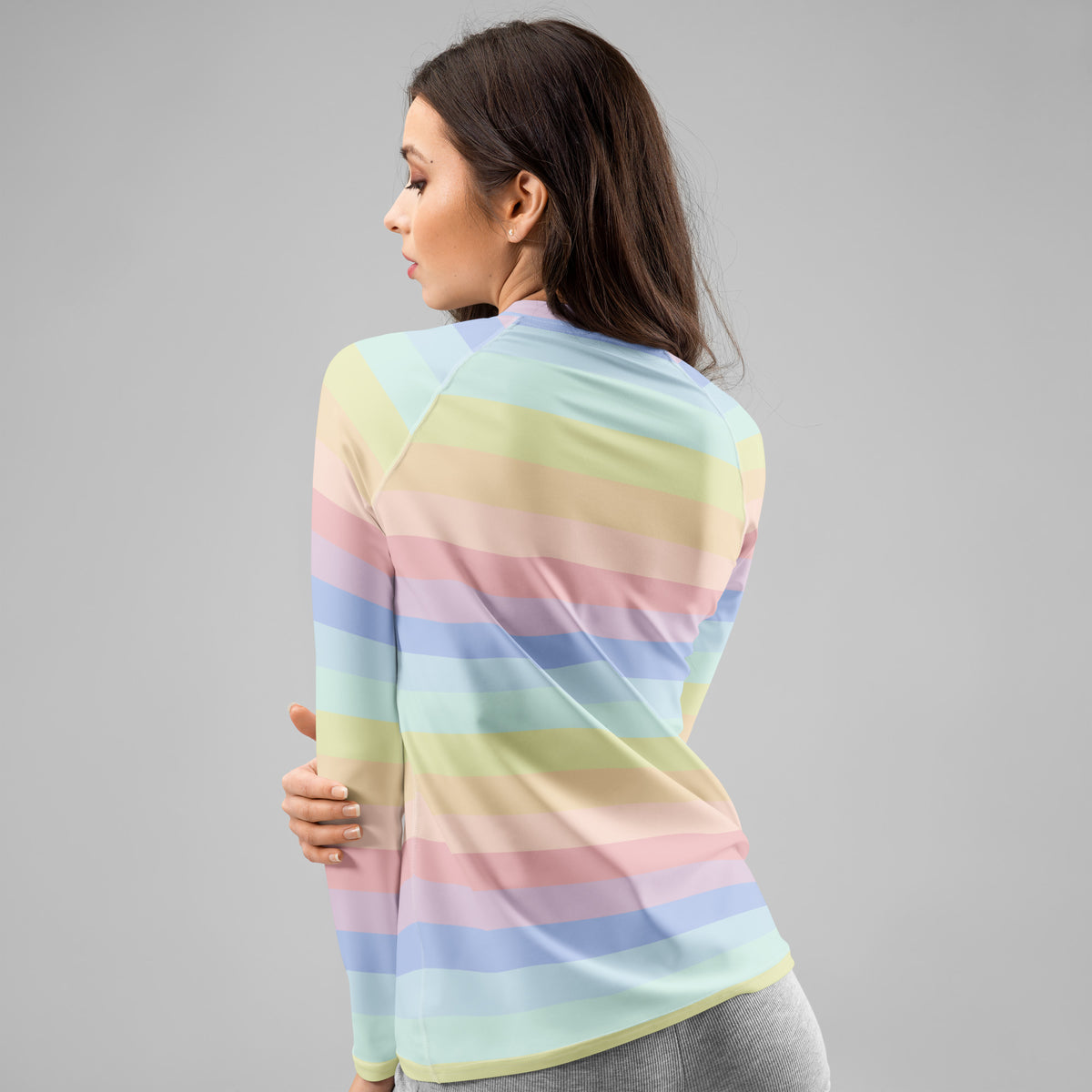 Women's Pastel Rainbow Stripe Long Sleeve Rash Guard Swim Shirt – Buttery Soft, Sun Safe UPF 50+ Protection, Quick Dry & 4-Way Stretch Comfort