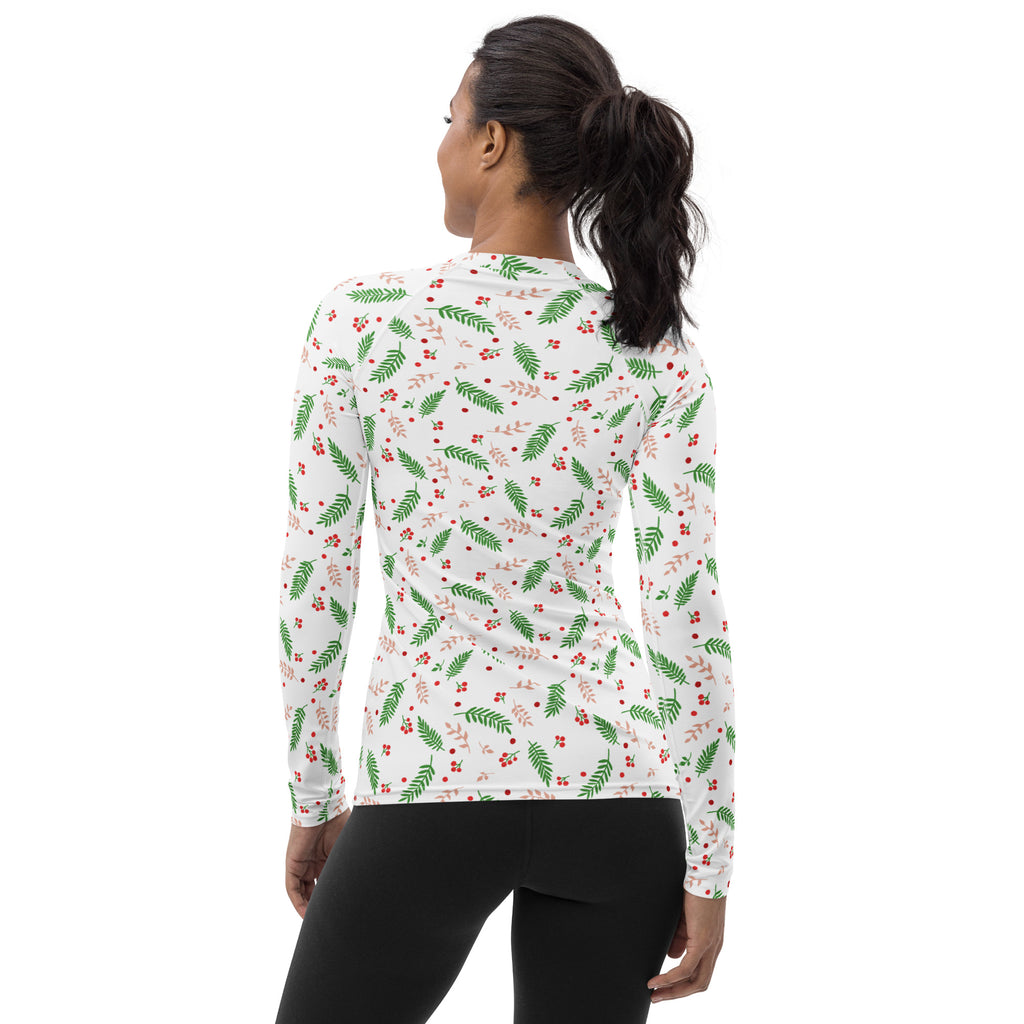 Women's Christmas Holly Berry Long Sleeve Rash Guard Swim Shirt – Buttery Soft, Sun Safe UPF 50+ Protection, Quick Dry & 4-Way Stretch Comfort