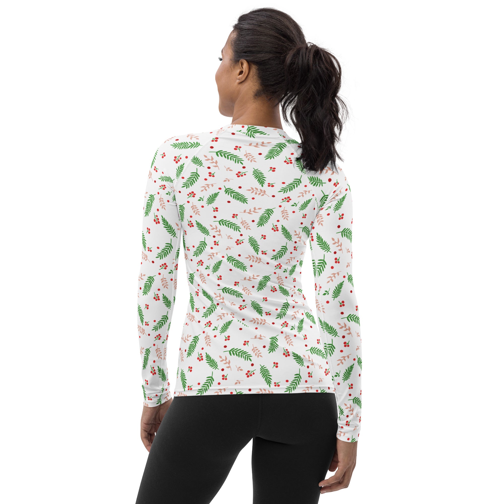 Women's Christmas Holly Berry Long Sleeve Rash Guard Swim Shirt – Buttery Soft, Sun Safe UPF 50+ Protection, Quick Dry & 4-Way Stretch Comfort