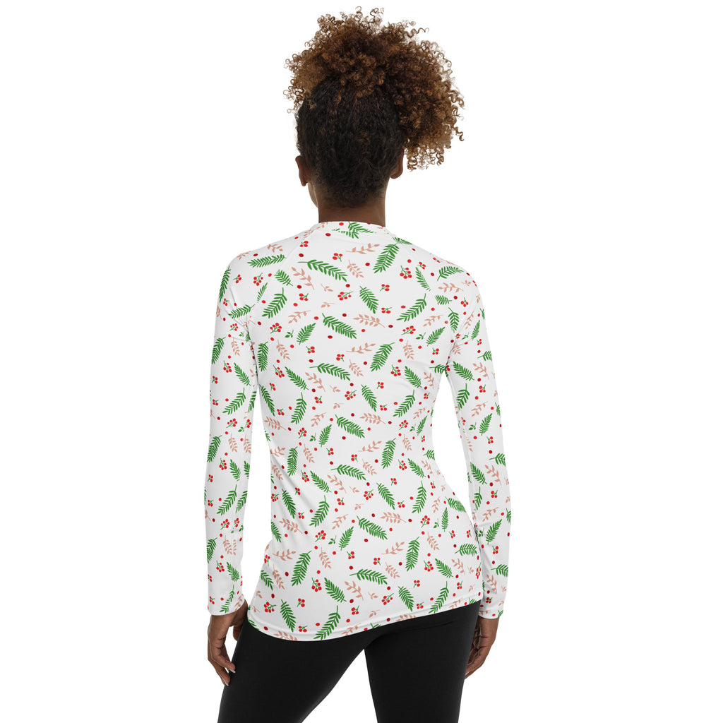 Women's Christmas Holly Berry Long Sleeve Rash Guard Swim Shirt – Buttery Soft, Sun Safe UPF 50+ Protection, Quick Dry & 4-Way Stretch Comfort