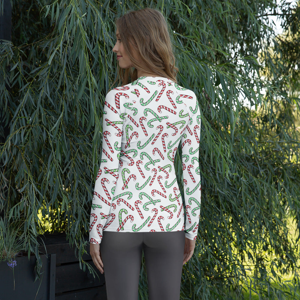 Women's Red & Green Candy Cane Long Sleeve Rash Guard Swim Shirt – Buttery Soft, Sun Safe UPF 50+ Protection, Quick Dry & 4-Way Stretch Comfort