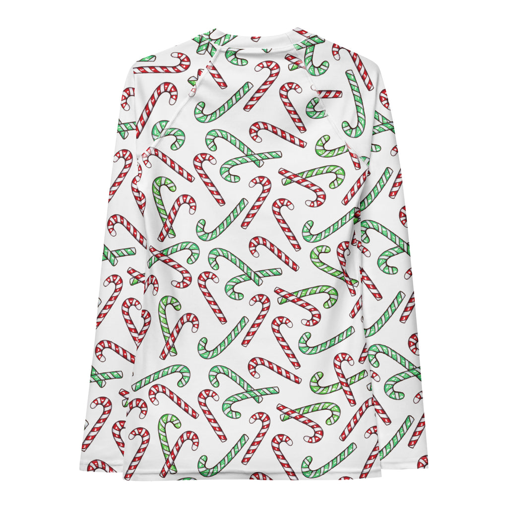 Women's Red & Green Candy Cane Long Sleeve Rash Guard Swim Shirt – Buttery Soft, Sun Safe UPF 50+ Protection, Quick Dry & 4-Way Stretch Comfort