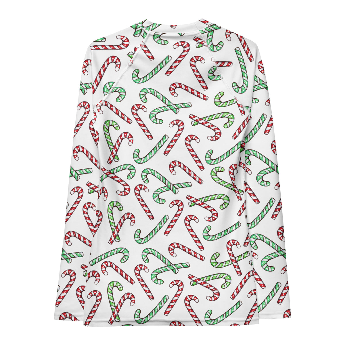 Women's Red & Green Candy Cane Long Sleeve Rash Guard Swim Shirt – Buttery Soft, Sun Safe UPF 50+ Protection, Quick Dry & 4-Way Stretch Comfort