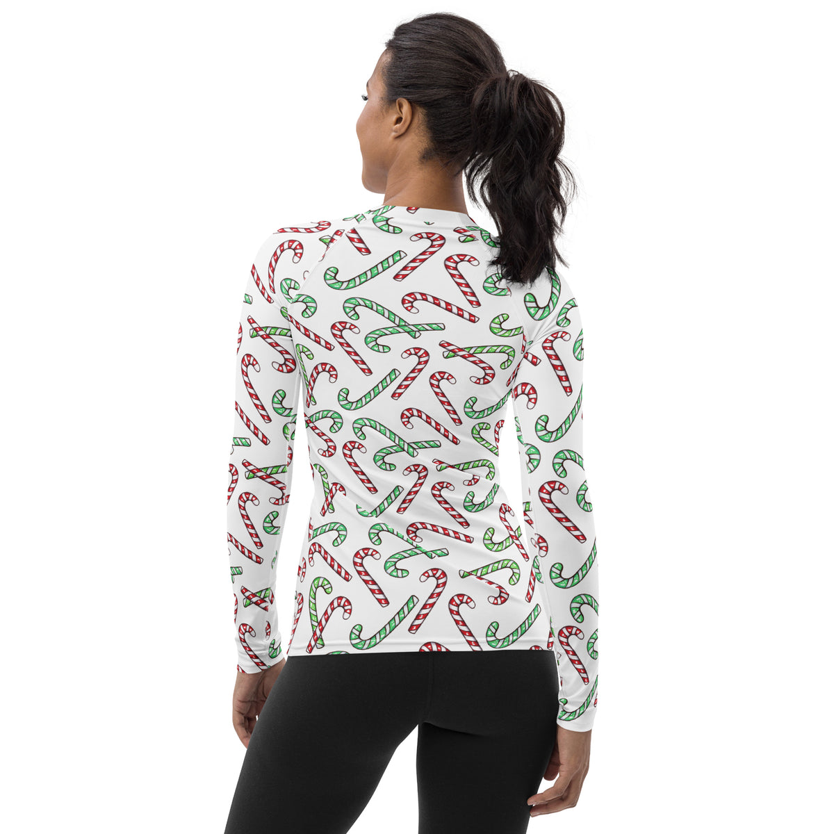 Women's Red & Green Candy Cane Long Sleeve Rash Guard Swim Shirt – Buttery Soft, Sun Safe UPF 50+ Protection, Quick Dry & 4-Way Stretch Comfort