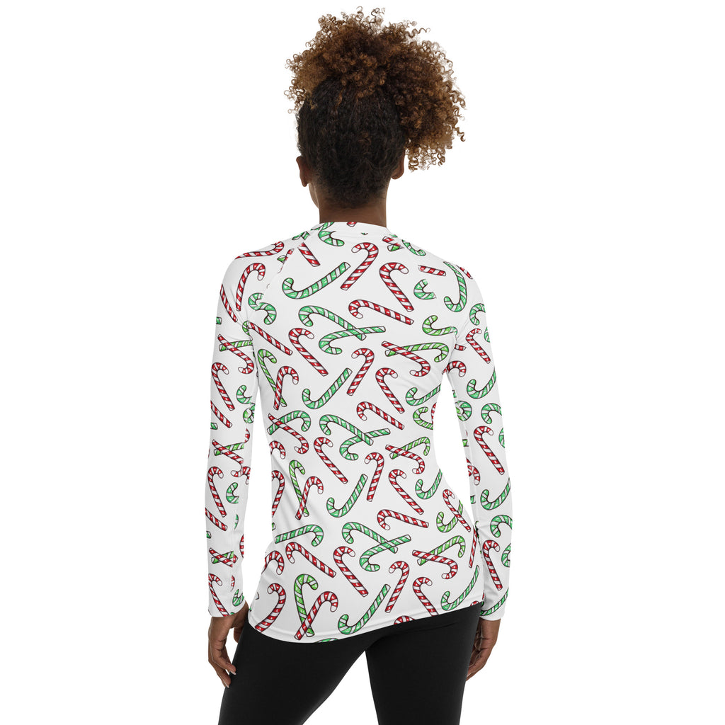 Women's Red & Green Candy Cane Long Sleeve Rash Guard Swim Shirt – Buttery Soft, Sun Safe UPF 50+ Protection, Quick Dry & 4-Way Stretch Comfort
