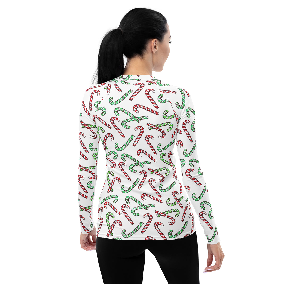 Women's Red & Green Candy Cane Long Sleeve Rash Guard Swim Shirt – Buttery Soft, Sun Safe UPF 50+ Protection, Quick Dry & 4-Way Stretch Comfort