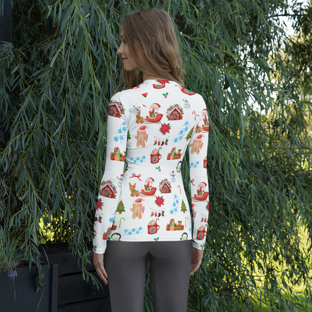 Women's Christmas Themed Long Sleeve Rash Guard Swim Shirt – Buttery Soft, Sun Safe UPF 50+ Protection, Quick Dry & 4-Way Stretch Comfort