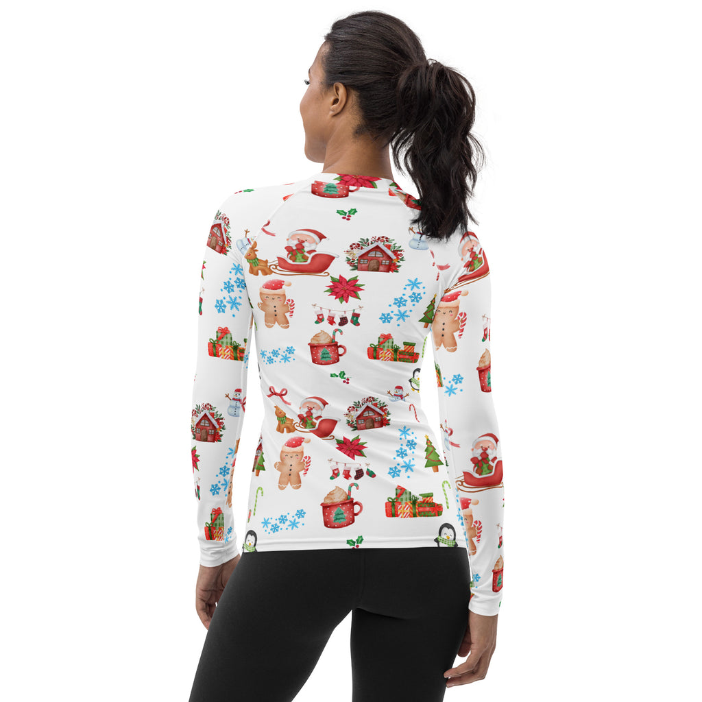 Women's Christmas Themed Long Sleeve Rash Guard Swim Shirt – Buttery Soft, Sun Safe UPF 50+ Protection, Quick Dry & 4-Way Stretch Comfort
