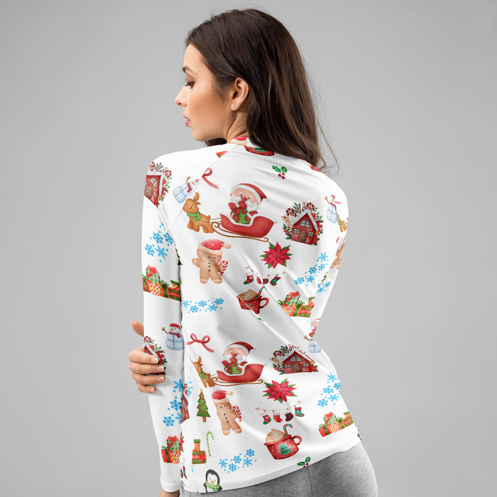 Women's Christmas Themed Long Sleeve Rash Guard Swim Shirt – Buttery Soft, Sun Safe UPF 50+ Protection, Quick Dry & 4-Way Stretch Comfort