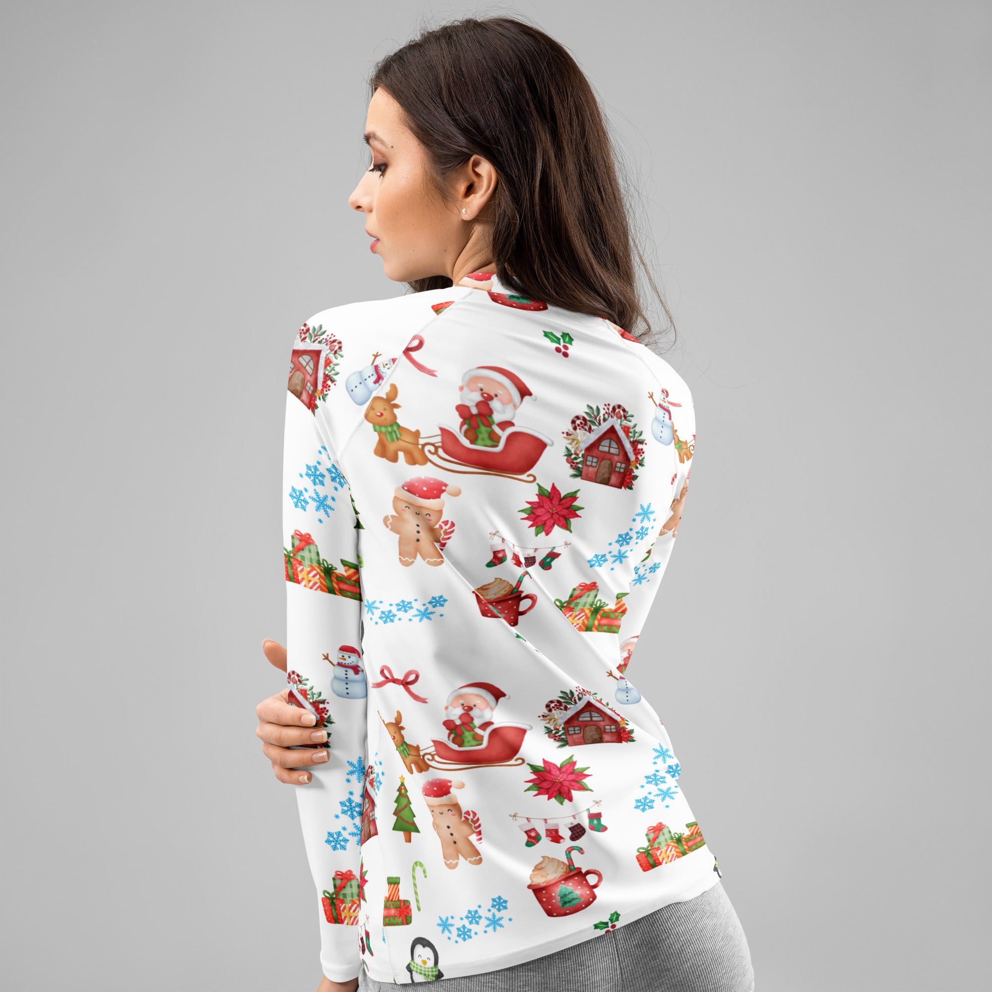 Women's Christmas Themed Long Sleeve Rash Guard Swim Shirt – Buttery Soft, Sun Safe UPF 50+ Protection, Quick Dry & 4-Way Stretch Comfort