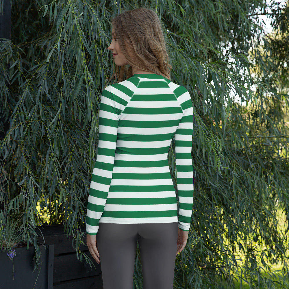 Women's Green & White Striped Long Sleeve Rash Guard Swim Shirt – Buttery Soft, Sun Safe UPF 50+ Protection, Quick Dry & 4-Way Stretch Comfort