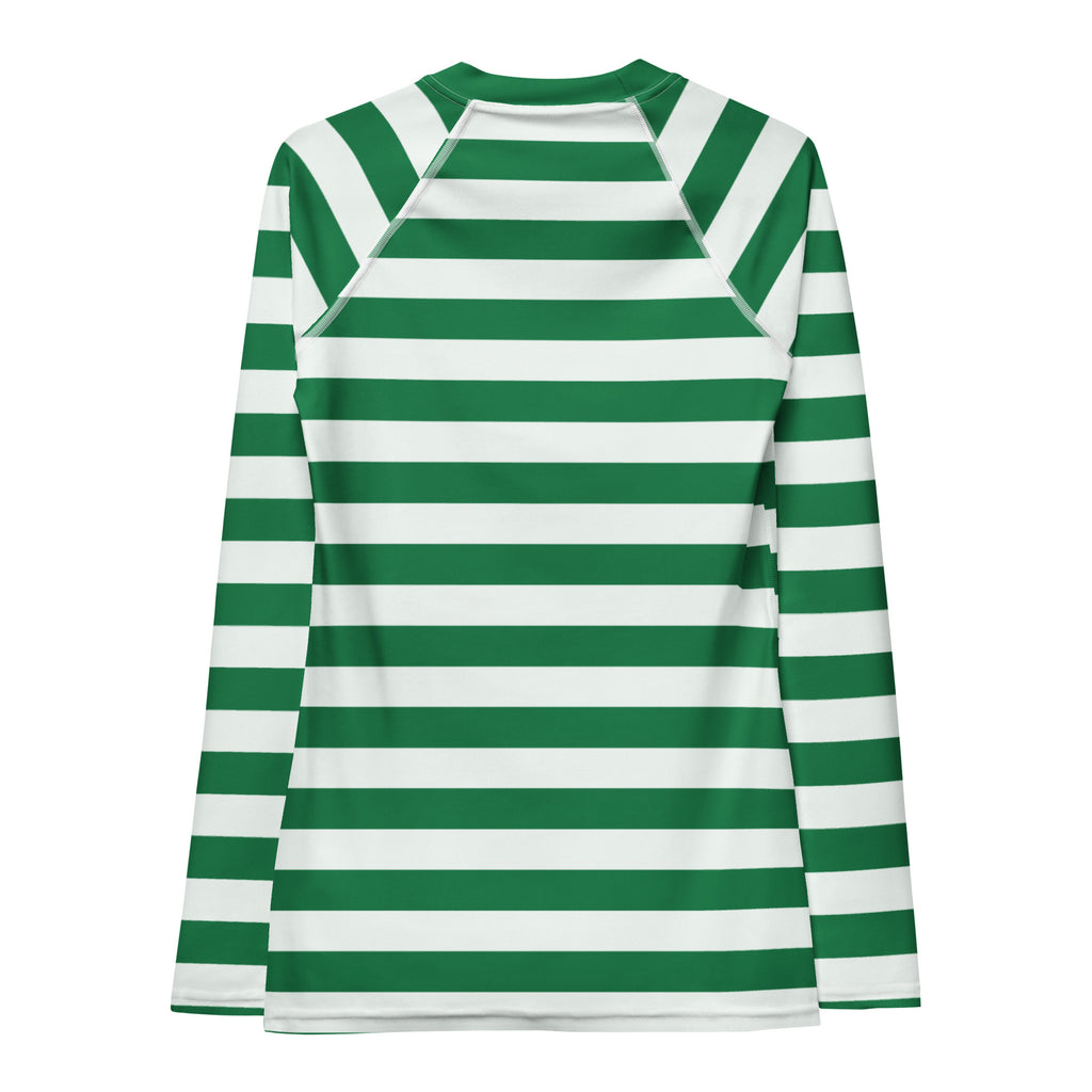 Women's Green & White Striped Long Sleeve Rash Guard Swim Shirt – Buttery Soft, Sun Safe UPF 50+ Protection, Quick Dry & 4-Way Stretch Comfort