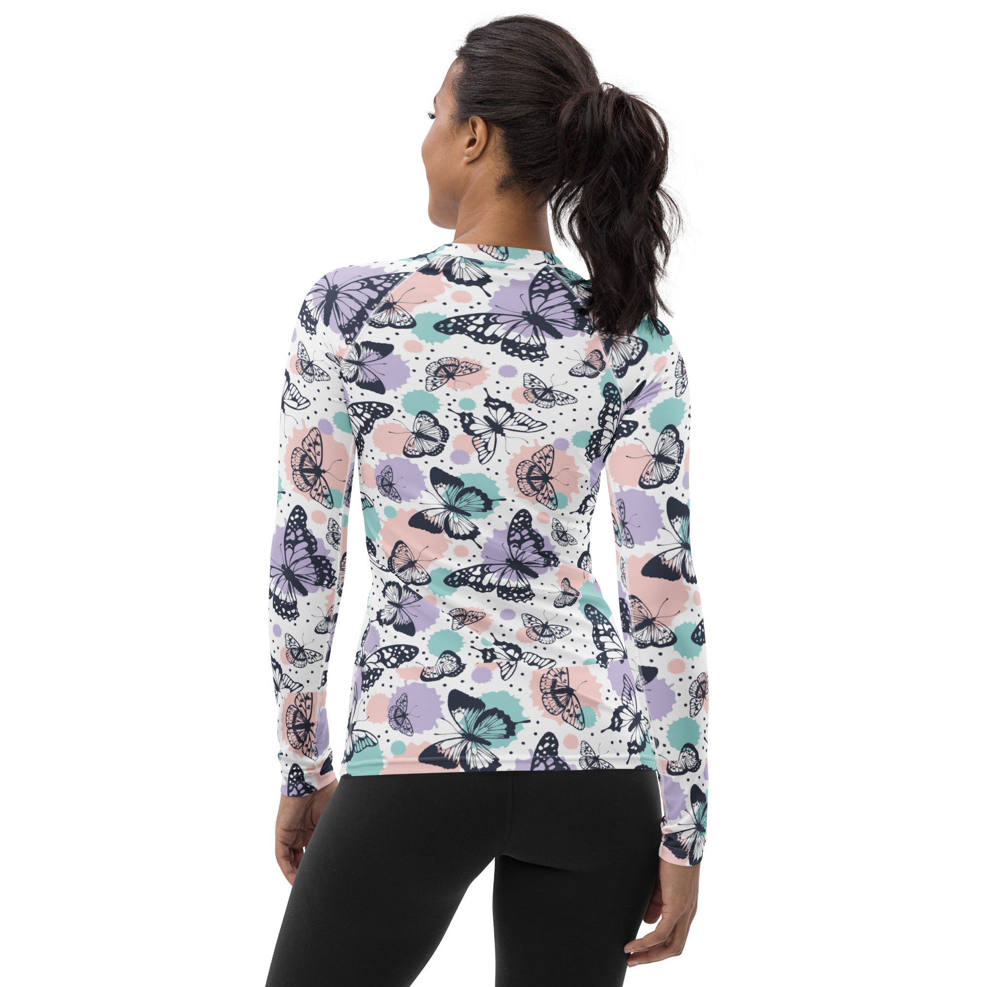 Women's Pastel Butterfly Long Sleeve Rash Guard Swim Shirt – Buttery Soft, Sun Safe UPF 50+ Protection, Quick Dry & 4-Way Stretch Comfort