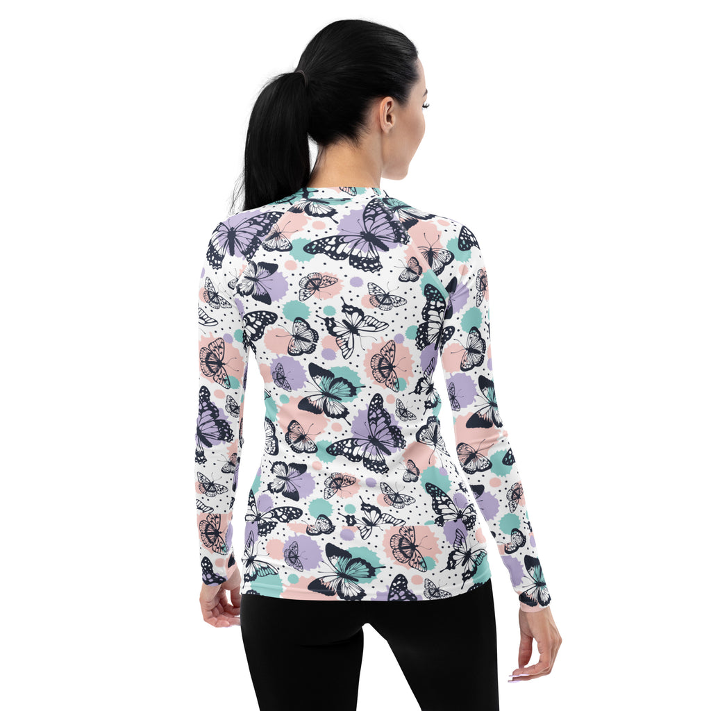 Women's Pastel Butterfly Long Sleeve Rash Guard Swim Shirt – Buttery Soft, Sun Safe UPF 50+ Protection, Quick Dry & 4-Way Stretch Comfort