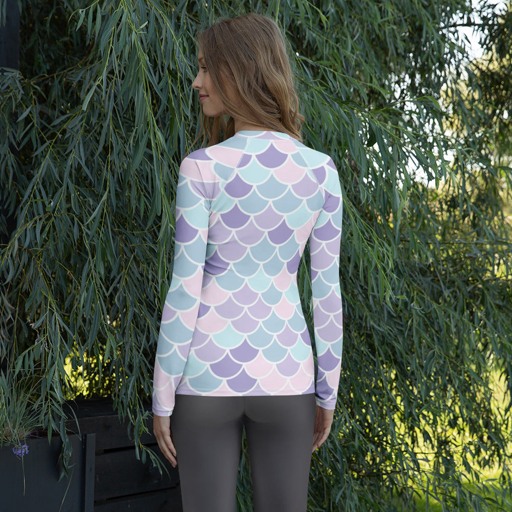Women's Purple Mermaid Scale Long Sleeve Rash Guard Swim Shirt – Buttery Soft, Sun Safe UPF 50+ Protection, Quick Dry & 4-Way Stretch Comfort