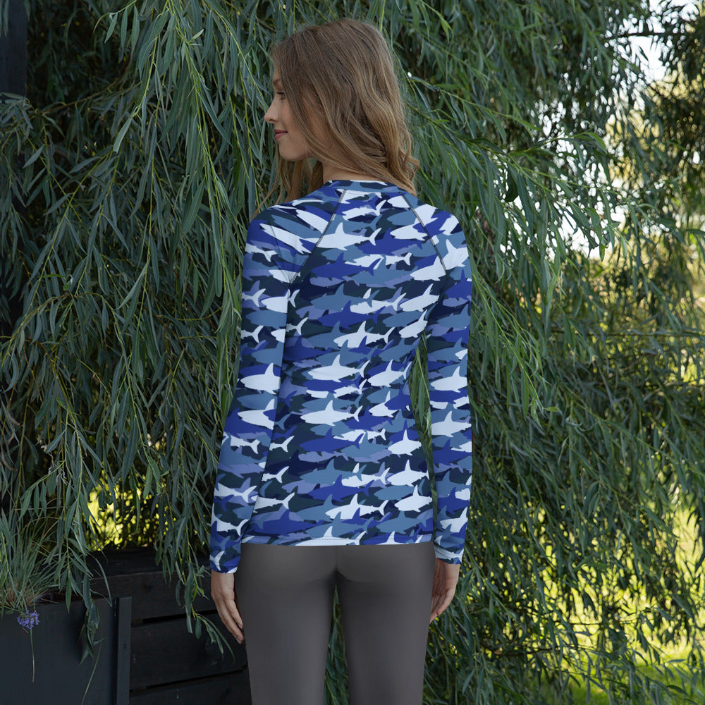 Women's Blue Shark Camouflage Long Sleeve Rash Guard Swim Shirt – Buttery Soft, Sun Safe UPF 50+ Protection, Quick Dry & 4-Way Stretch Comfort