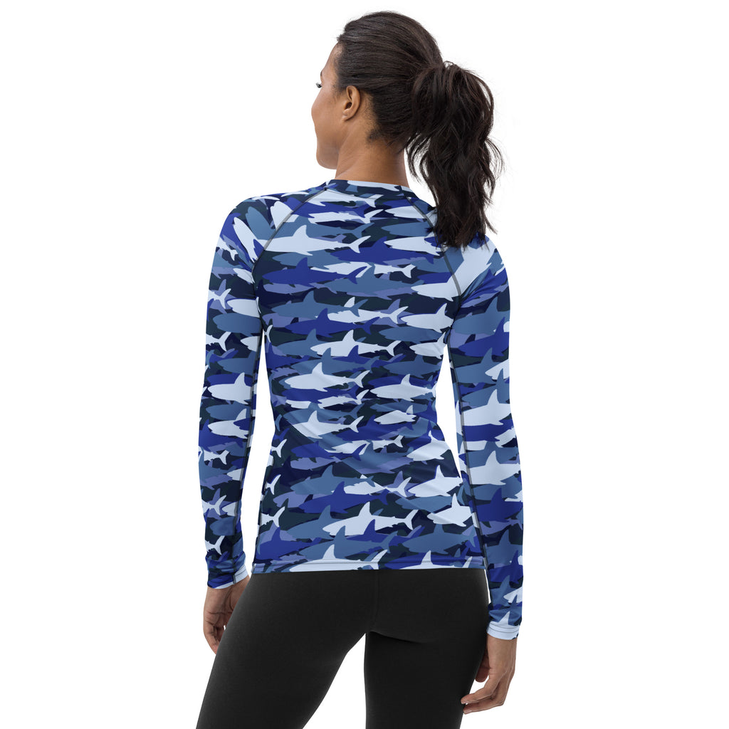 Women's Blue Shark Camouflage Long Sleeve Rash Guard Swim Shirt – Buttery Soft, Sun Safe UPF 50+ Protection, Quick Dry & 4-Way Stretch Comfort