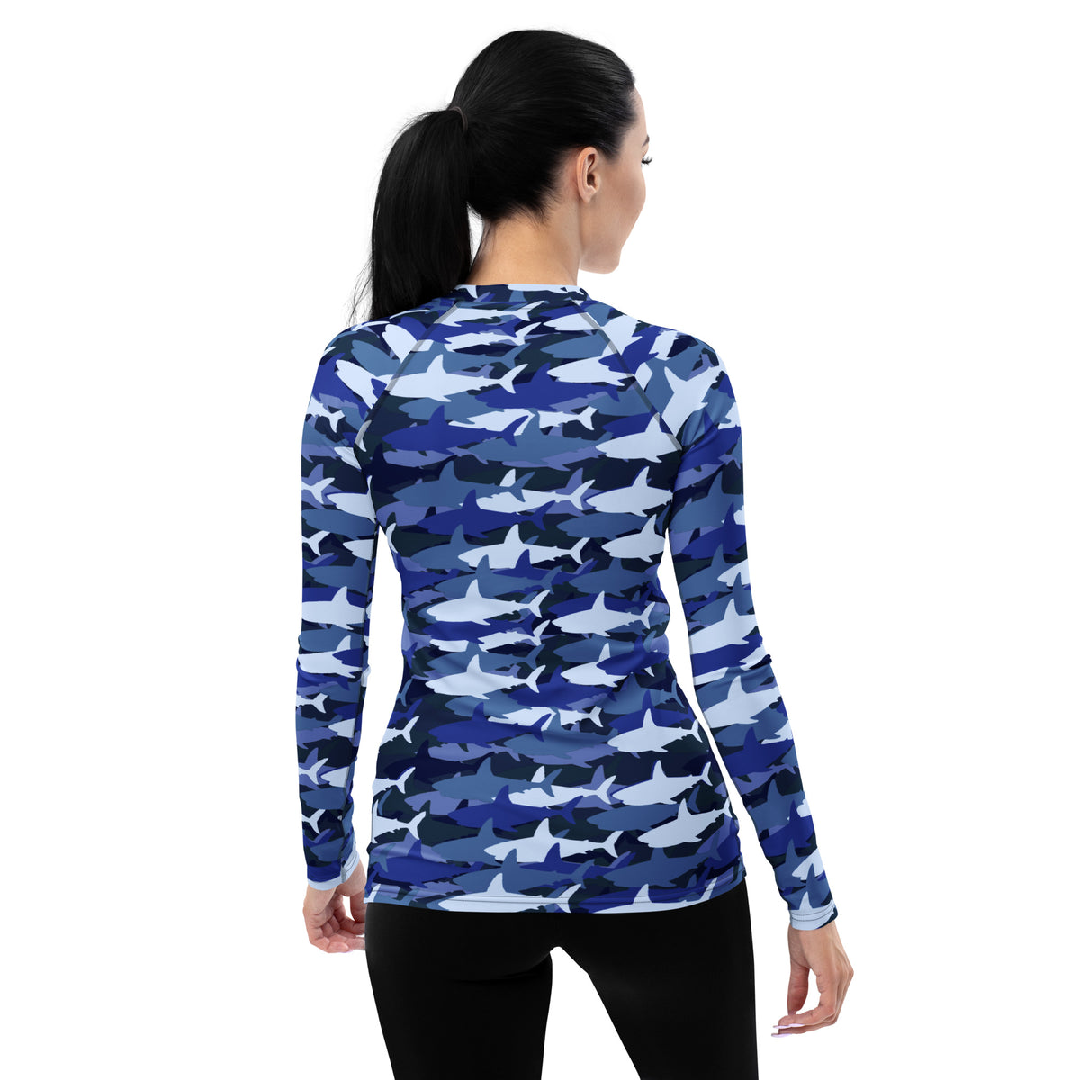 Women's Blue Shark Camouflage Long Sleeve Rash Guard Swim Shirt – Buttery Soft, Sun Safe UPF 50+ Protection, Quick Dry & 4-Way Stretch Comfort