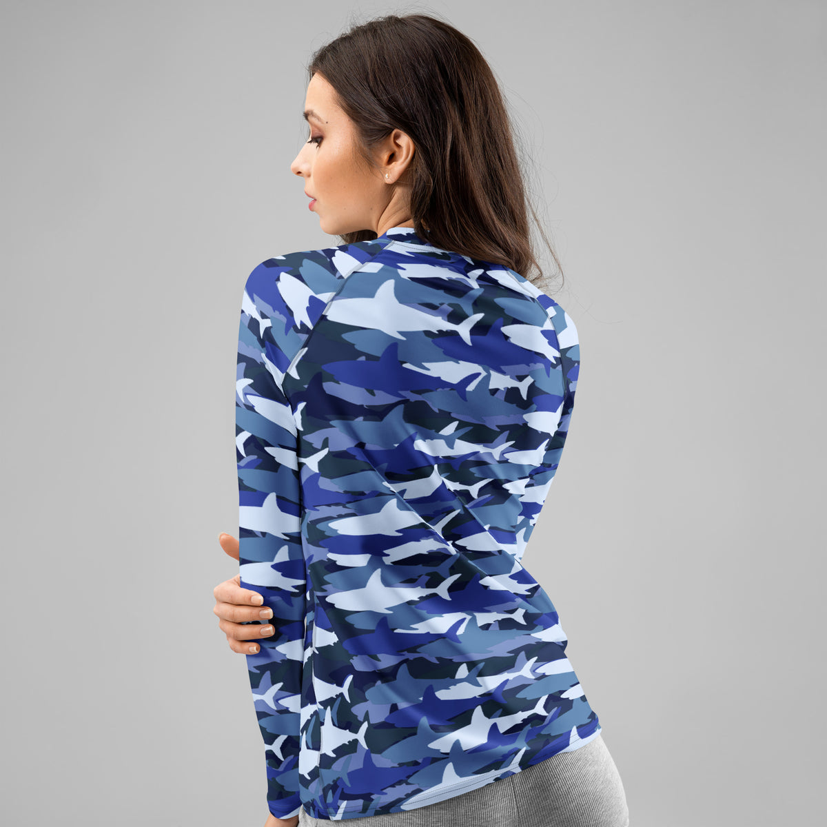 Women's Blue Shark Camouflage Long Sleeve Rash Guard Swim Shirt – Buttery Soft, Sun Safe UPF 50+ Protection, Quick Dry & 4-Way Stretch Comfort