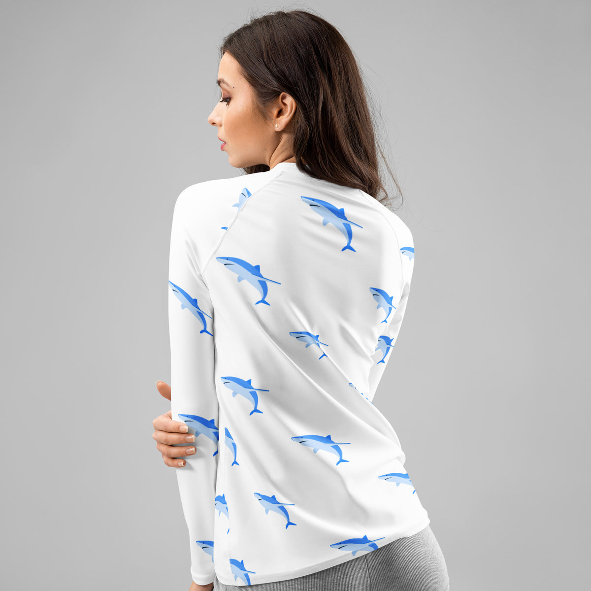Women's Blue Shark Long Sleeve Rash Guard Swim Shirt – Buttery Soft, Sun Safe UPF 50+ Protection, Quick Dry & 4-Way Stretch Comfort