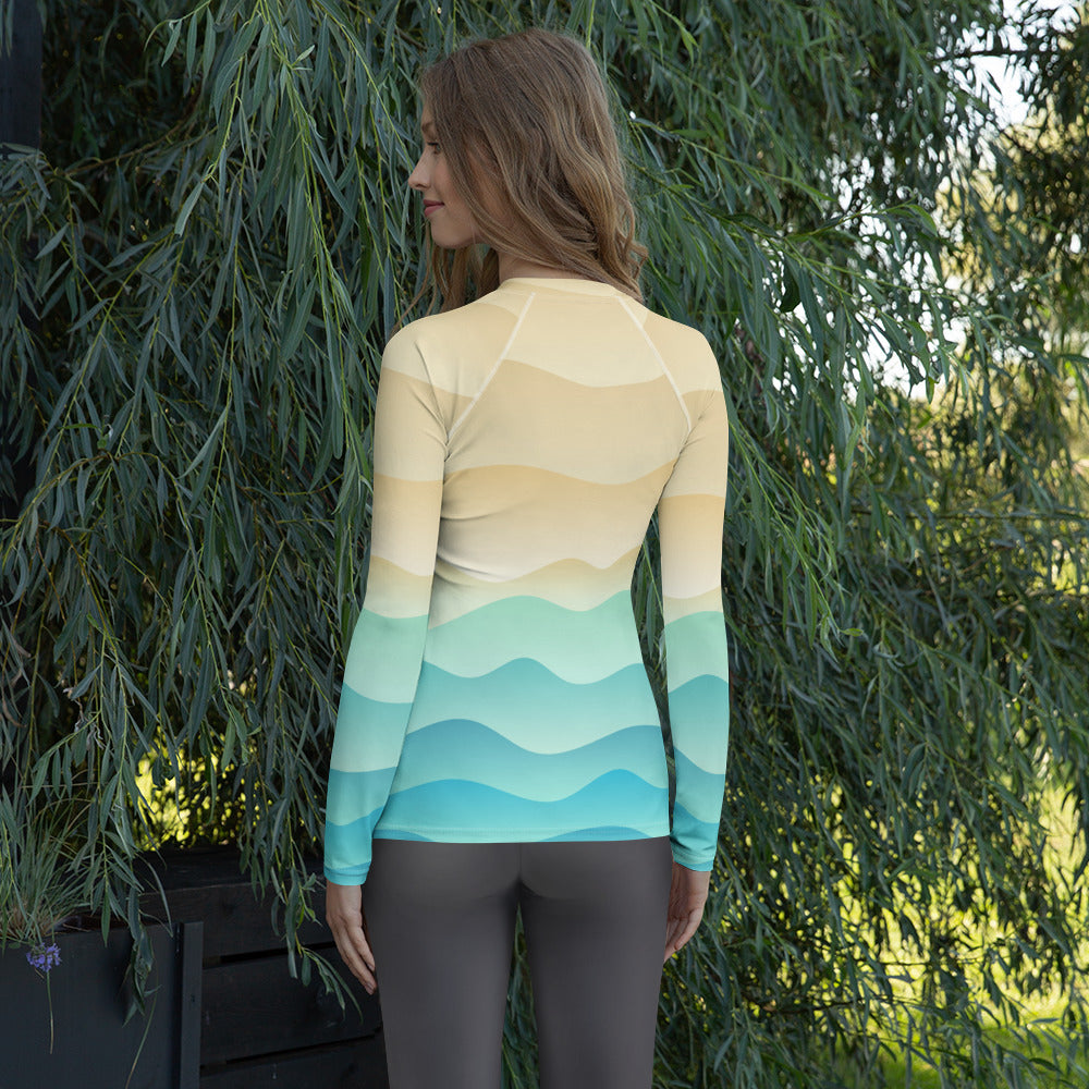 Women's Sand & Ocean Waves Long Sleeve Rash Guard Swim Shirt – Buttery Soft, Sun Safe UPF 50+ Protection, Quick Dry & 4-Way Stretch Comfort