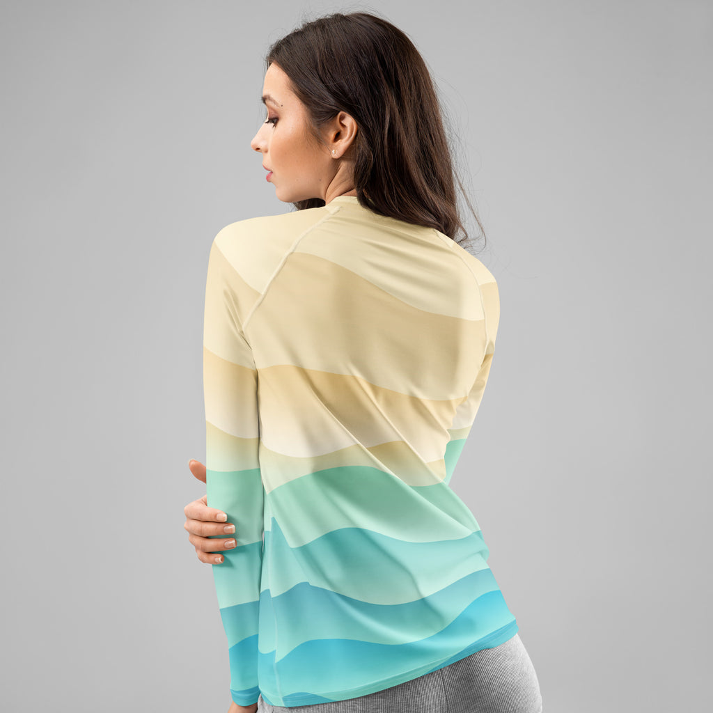 Women's Sand & Ocean Waves Long Sleeve Rash Guard Swim Shirt – Buttery Soft, Sun Safe UPF 50+ Protection, Quick Dry & 4-Way Stretch Comfort