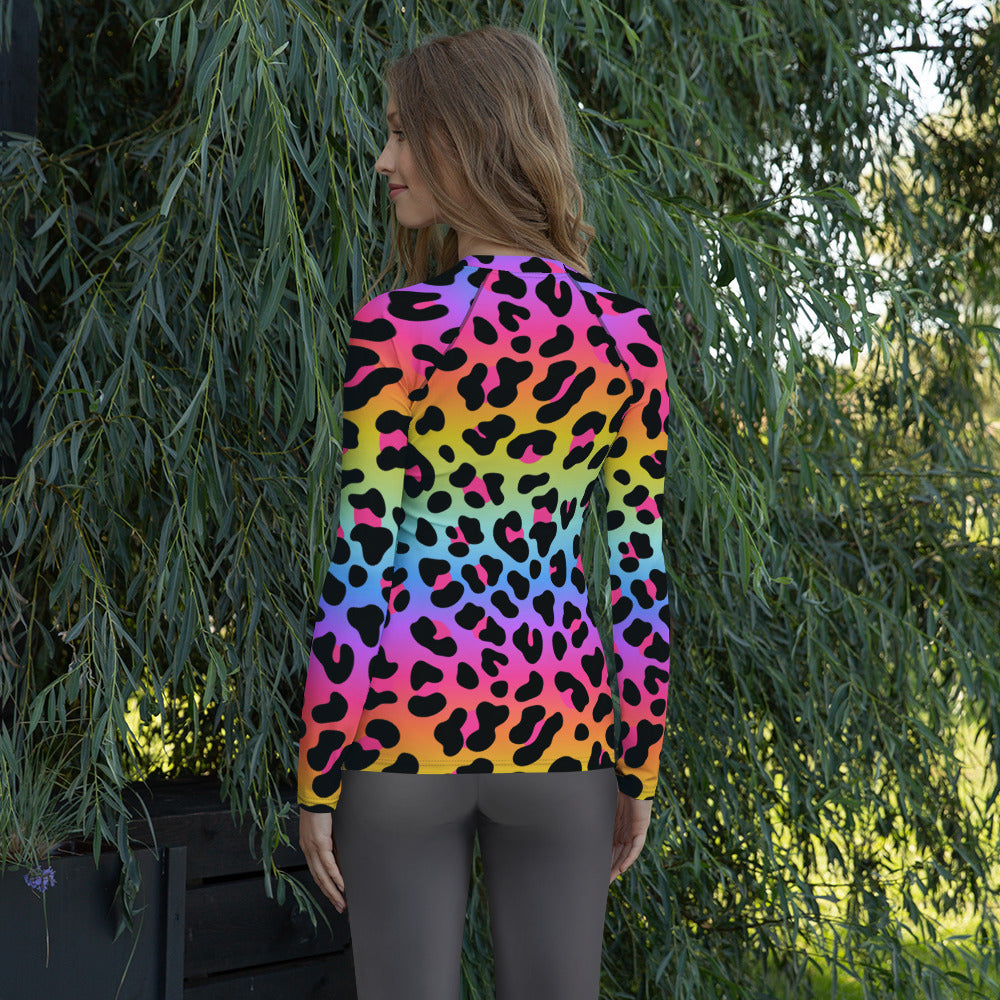 Women's Rainbow Leopard Long Sleeve Rash Guard Swim Shirt – Buttery Soft, Sun Safe UPF 50+ Protection, Quick Dry & 4-Way Stretch Comfort