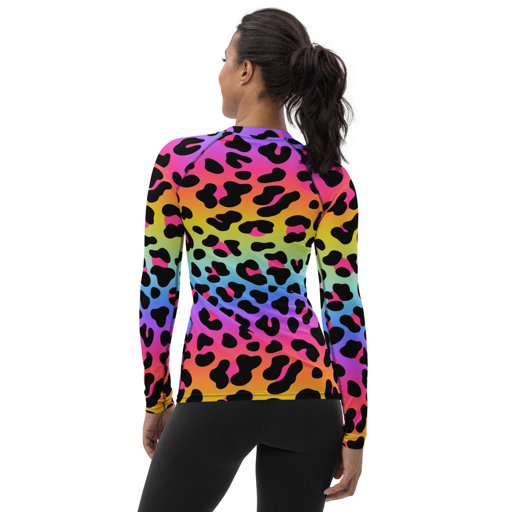 Women's Rainbow Leopard Long Sleeve Rash Guard Swim Shirt – Buttery Soft, Sun Safe UPF 50+ Protection, Quick Dry & 4-Way Stretch Comfort