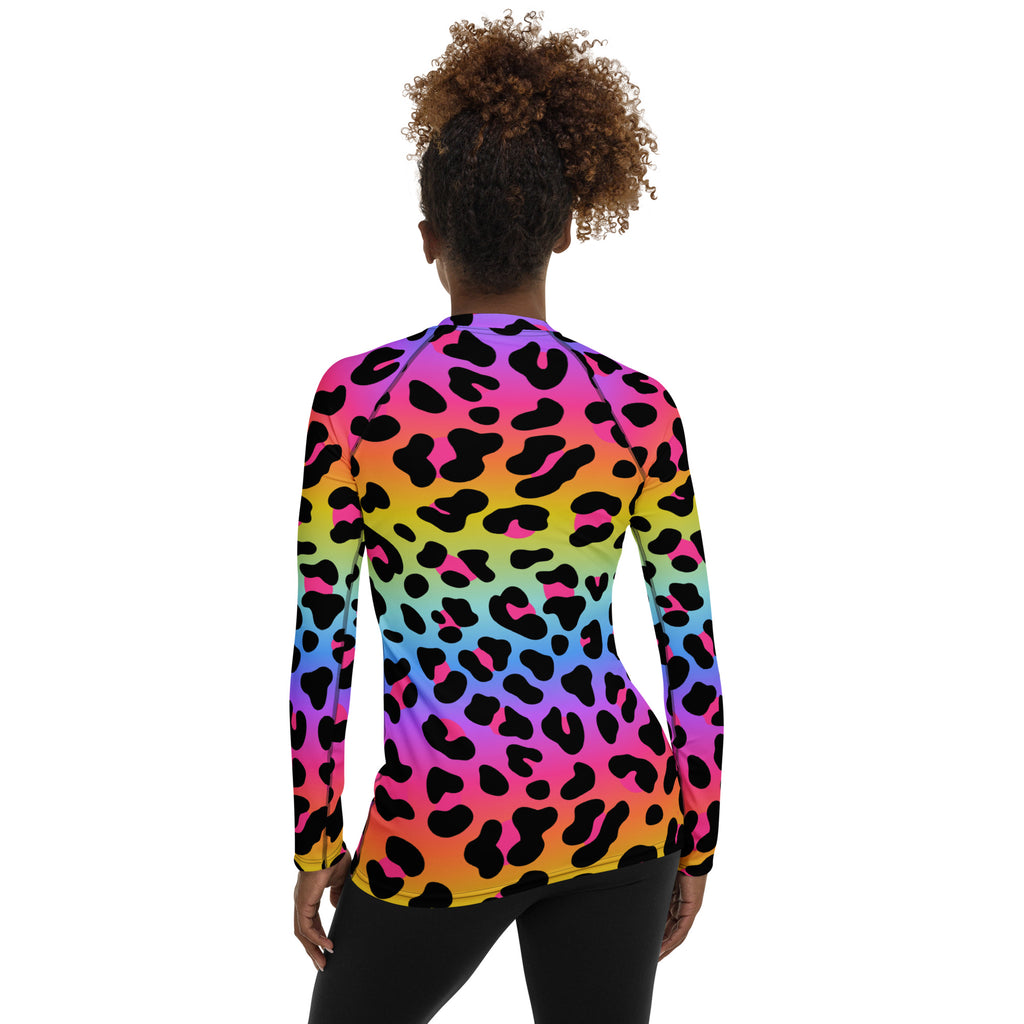 Women's Rainbow Leopard Long Sleeve Rash Guard Swim Shirt – Buttery Soft, Sun Safe UPF 50+ Protection, Quick Dry & 4-Way Stretch Comfort